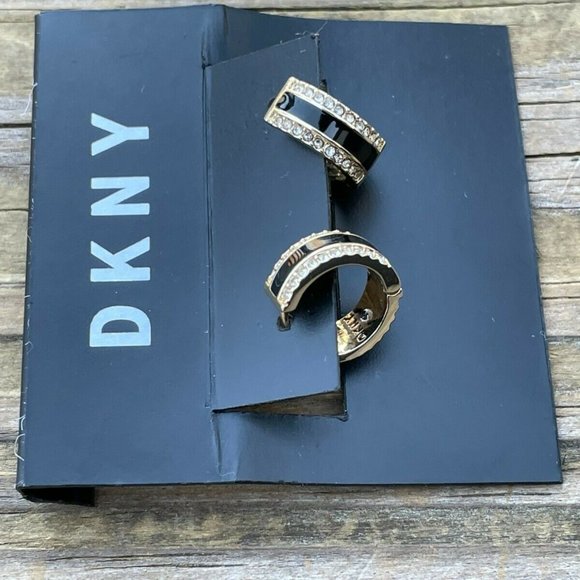 DKNY Women Earrings GoldBlack Tone Crystal Accent Hinge Ladies Ear Jewelry New - Picture 2 of 12